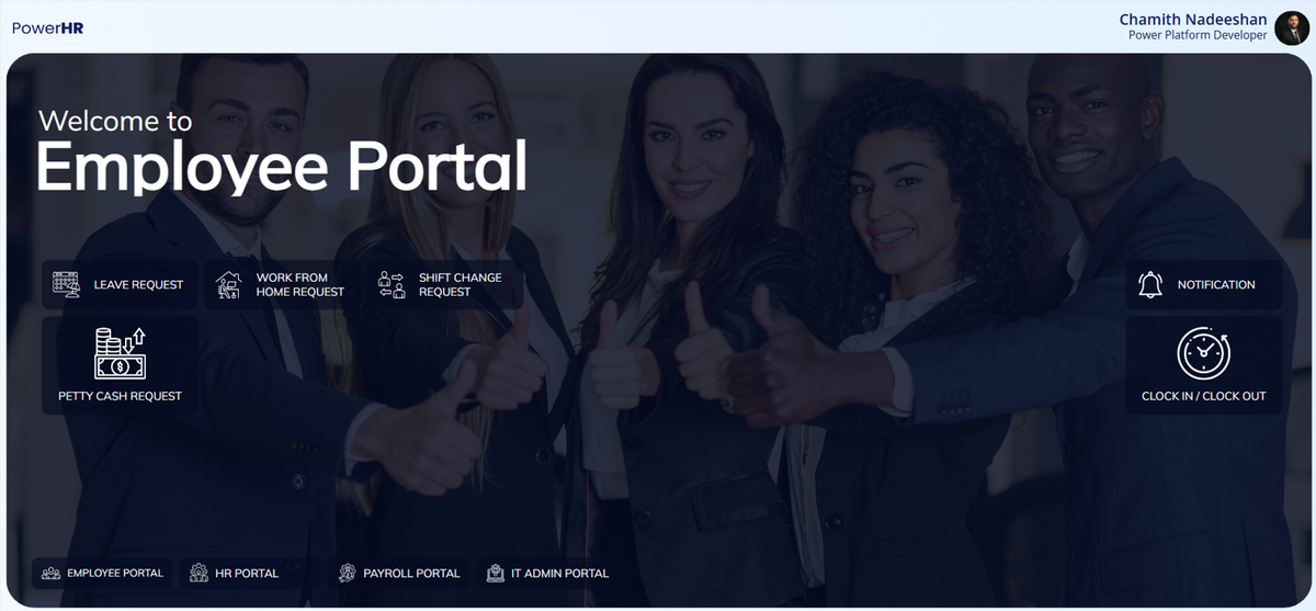 PowerHr employee portal home screen with quick actions for leave, work-from-home and payroll requests